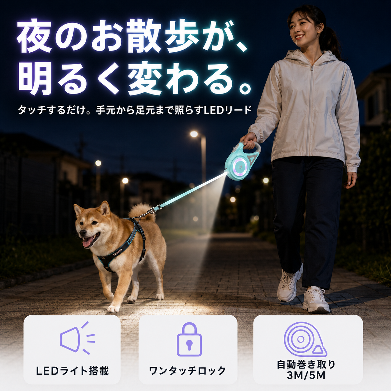 【累計15万台突破🏆】LEDライト付き自動伸縮犬用リード【全国送料無料🚗】