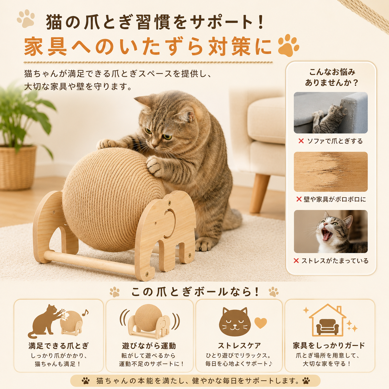 ✨回転式 麻縄ボール 猫用つめとぎおもちゃ🐾 爪とぎ・ひとり遊び・室内運動に【全国送料無料🚚】